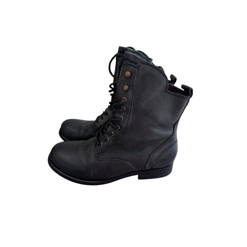 Jeffrey Campbell Black Leather Combat Boots Size 6‎ Lace Up Ankle Boots Side Zip